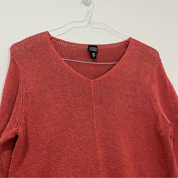 Eileen Fisher Women's Open Knit Sweater Sz L Rust Red Orange Linen Blend V-neck - Picture 5 of 16